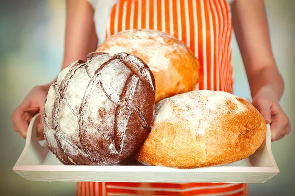 Traditional bread in female hands on wooden tray on light blurred background — Stock Photo, Image