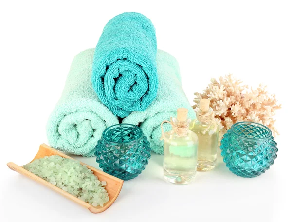 Spa composition with towels and sea salt isolated on white — Stock Photo, Image