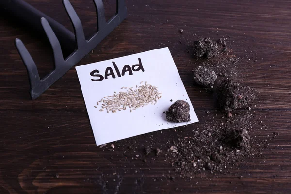 Salatkerne auf Papier mit Boden und Harke auf Holzgrund — Stockfoto