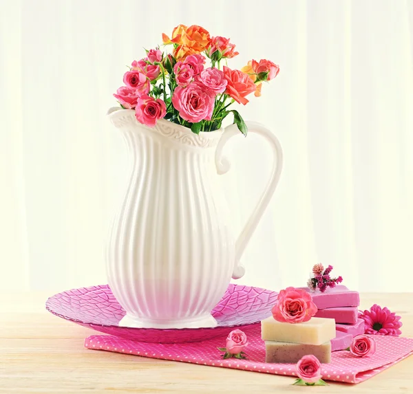 Set for washing face on table on light background — Stock Photo, Image