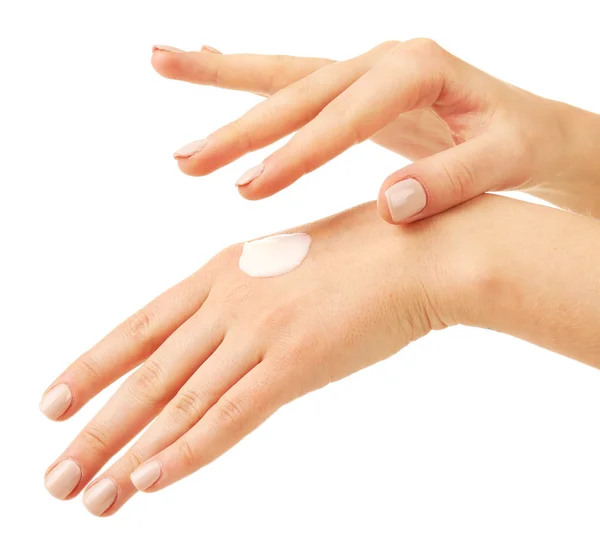 Donna che si prende cura delle mani con crema isolata su bianco — Foto Stock