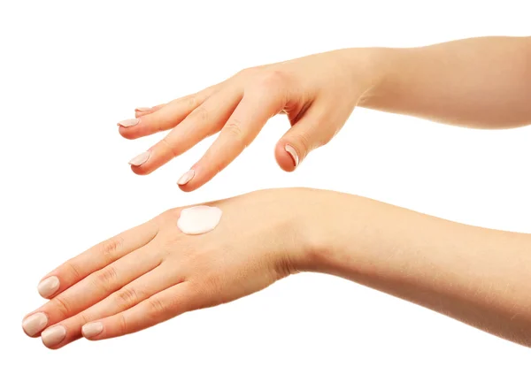Mãos carinhosas de mulher com creme isolado no branco — Fotografia de Stock