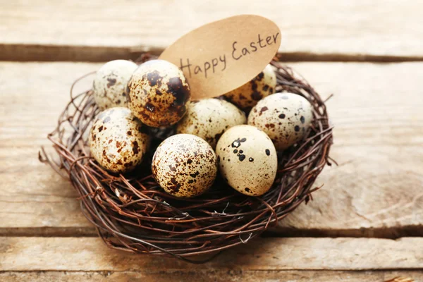 Bird eggs in nest on wooden background — Stock Photo, Image