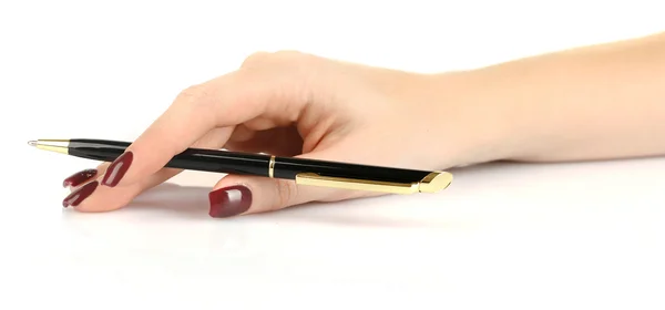 Długopis w ręce kobiece kobieta na białym tle — Zdjęcie stockowe