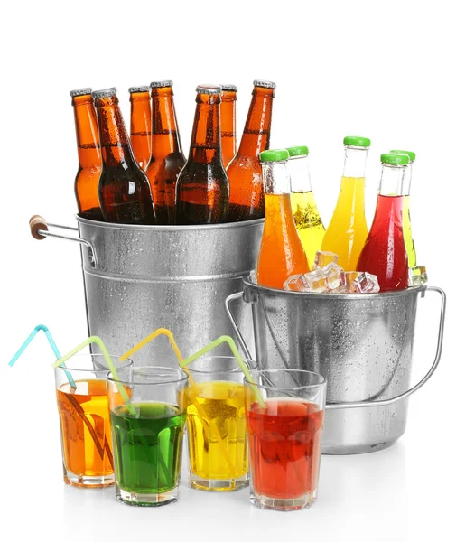 Glassware of different drinks in metal buckets isolated on white — Stock Photo, Image