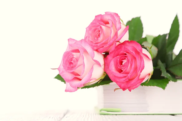 Belles roses avec livre isolé sur blanc — Photo