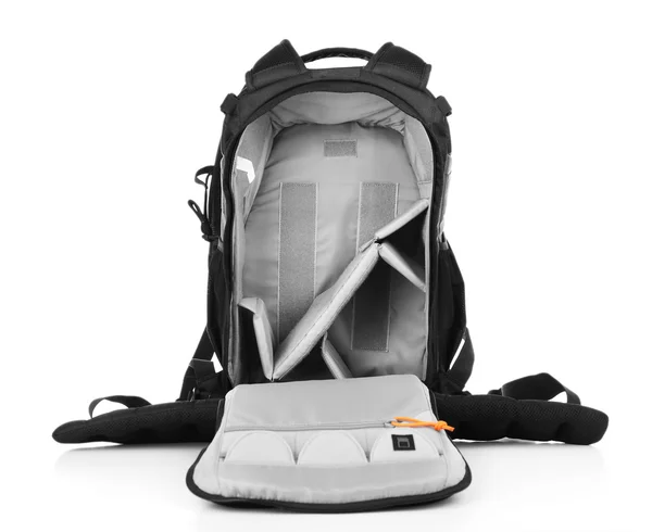 Mochila abierta de fotógrafo aislado en blanco — Foto de Stock