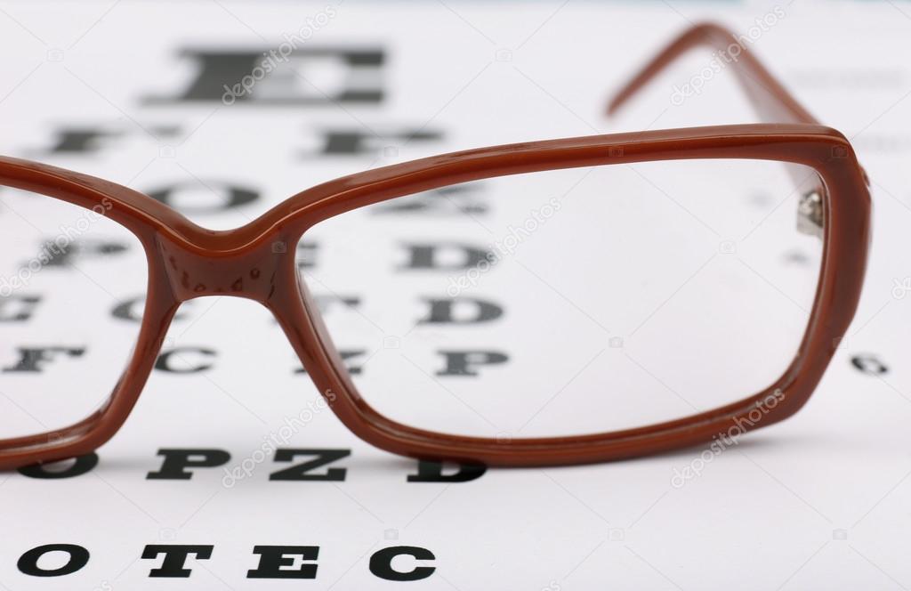 Eye glasses on eyesight test chart background
