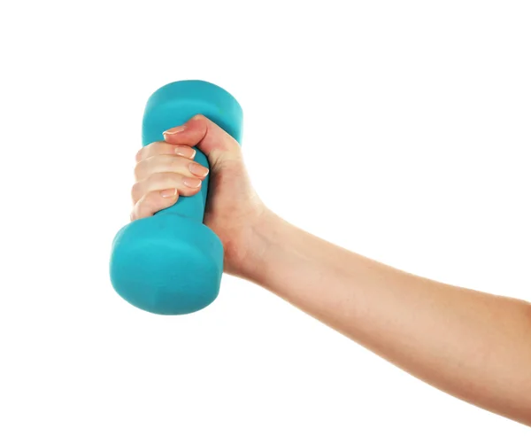 Mannenhand met dumbbell geïsoleerd op wit — Stockfoto