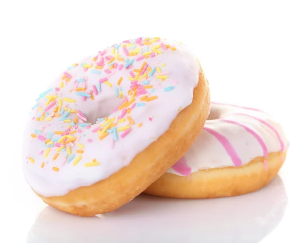 Leckere Donuts mit Zuckerguss isoliert auf weiß — Stockfoto