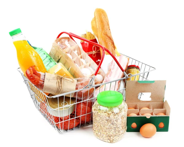 Metal shopping basket with groceries isolated on white — Stock Photo, Image