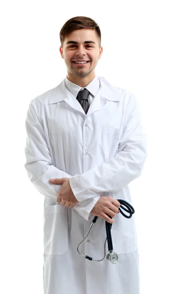 남자 의사가 청진 기 흰색 절연 — 스톡 사진
