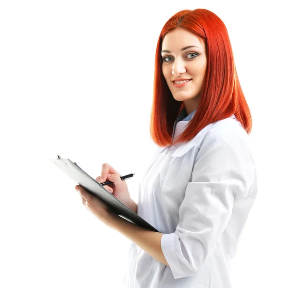 Joven médico hermoso con portapapeles aislado en blanco —  Fotos de Stock