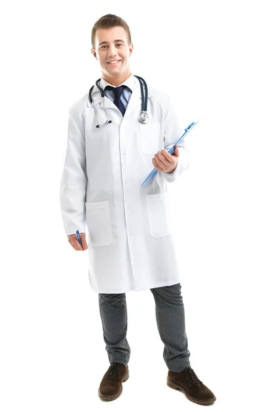 Male Doctor holding clipboard isolated on white — Stock Photo, Image