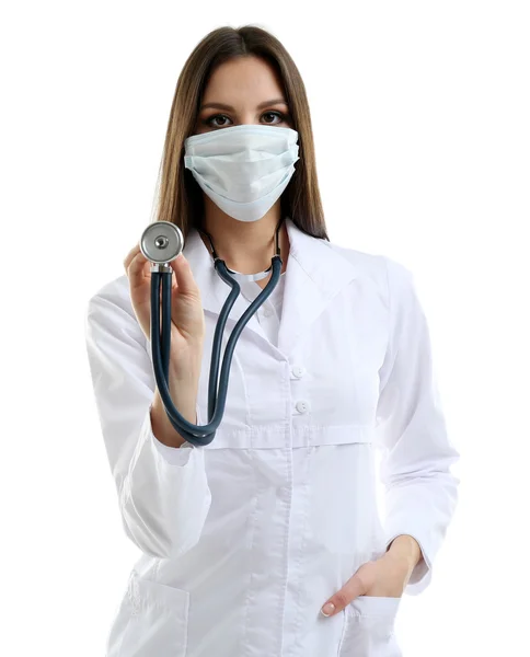 Young beautiful doctor in medical mask isolated on white — Stock Photo, Image