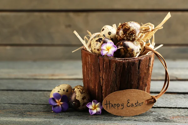 Madár tojás, fából készült vödörben, dekoratív virág, fa háttér — Stock Fotó