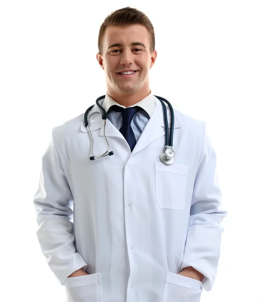 Male Doctor with stethoscope isolated on white Stock Picture