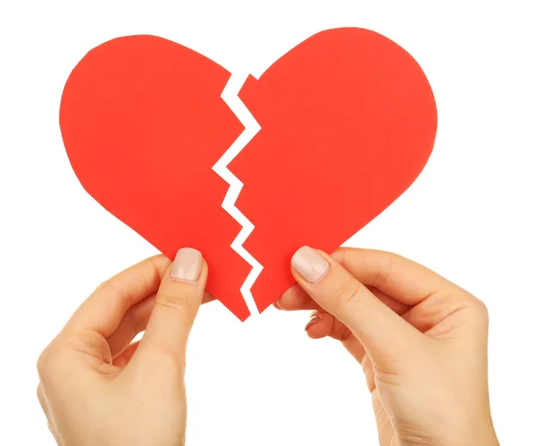 Female hands holding broken heart isolated on white — Stock Photo, Image