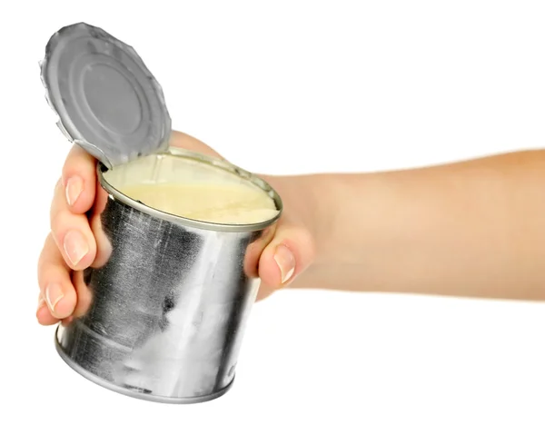 Konserve kondanse süt beyaz izole tutmak el — Stok fotoğraf