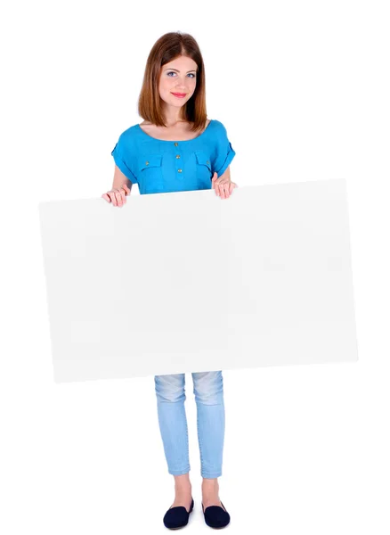 Beautiful young woman holding blank poster isolated on white — Stock Photo, Image