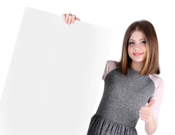 Mulher bonita segurando cartaz em branco isolado no branco — Fotografia de Stock