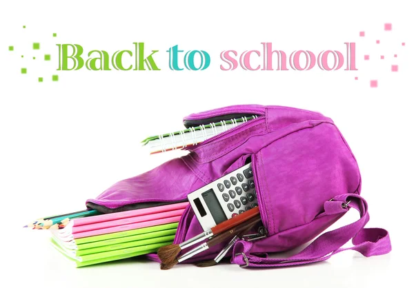 Purple backpack with school supplies isolated on white — Stock Photo, Image