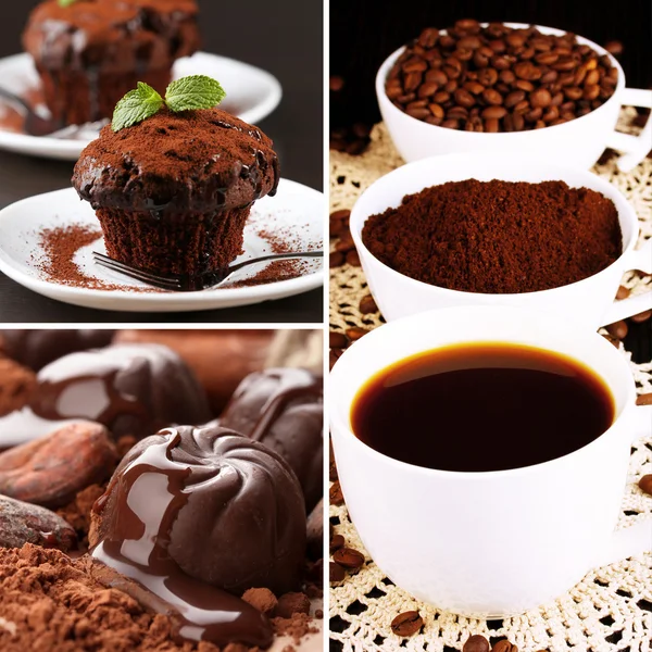 Koffie en chocolade, smakelijke collage — Stockfoto