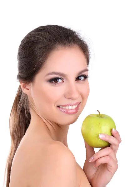 애플은 흰색 절연 웃는 여자 — 스톡 사진