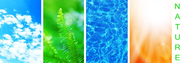Agua, planta, cielo y sol en collage, concepto de componentes de la naturaleza —  Fotos de Stock