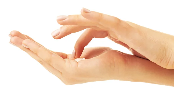 Woman caring hands with cream isolated on white — Stock Photo, Image