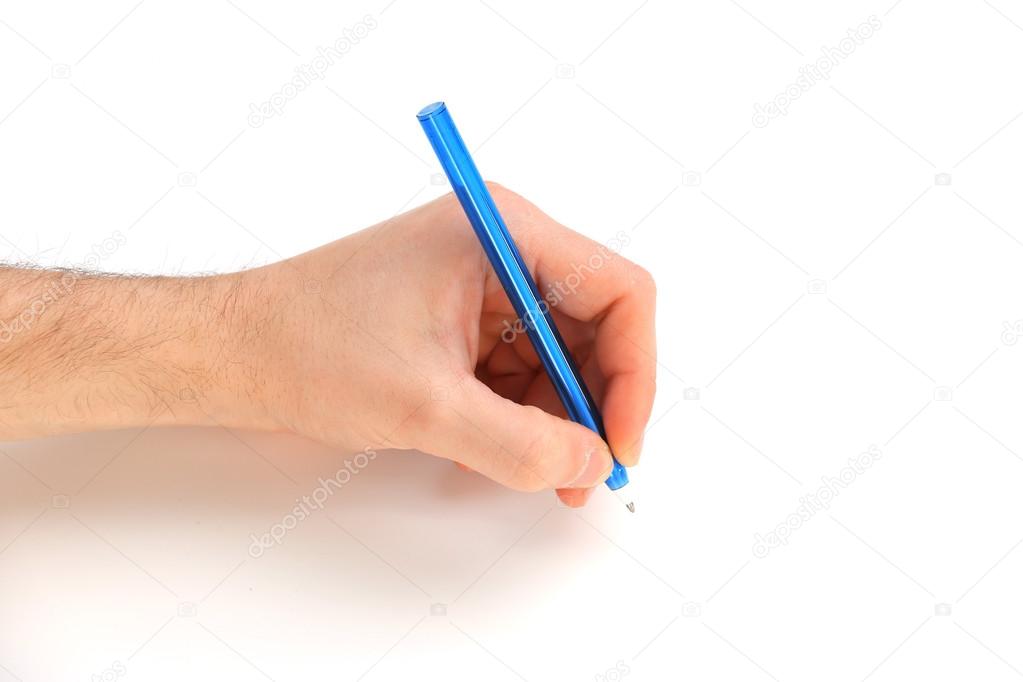 Male hand with pen isolated on white