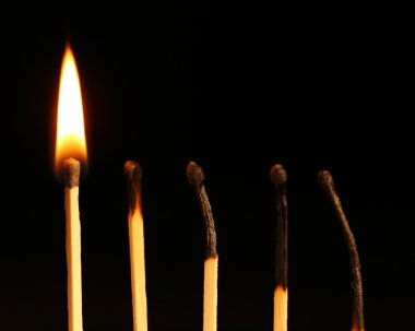 Yanmış ve maçlar siyah arka plan üzerine yazma