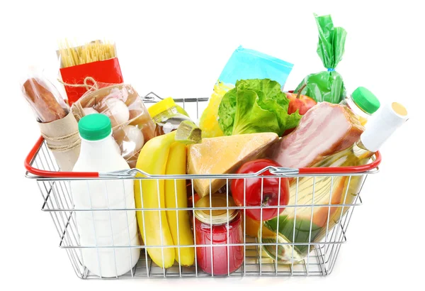 Metal shopping basket with groceries isolated on white — Stock Photo, Image