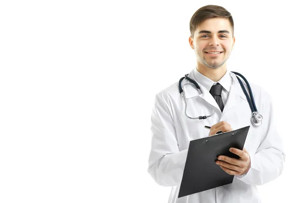 Mannelijke arts houden Klembord geïsoleerd op wit — Stockfoto