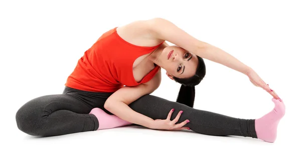 Mujer joven haciendo yoga aislado en blanco —  Fotos de Stock