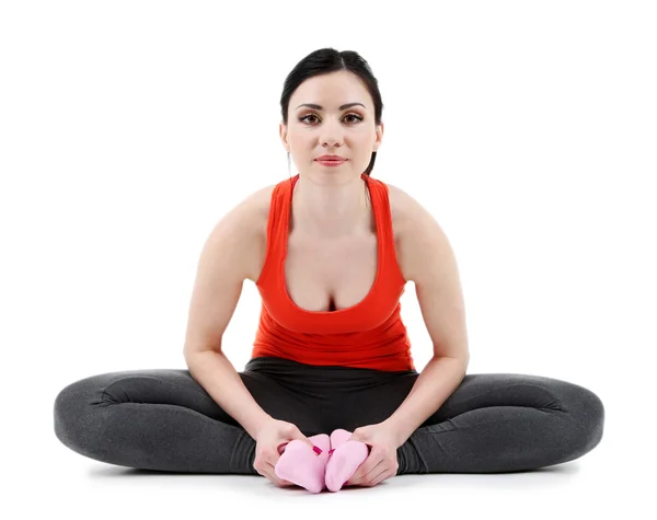 Junge Frau macht Yoga isoliert auf weiß — Stockfoto