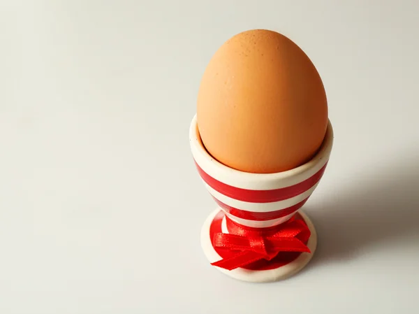 Boiled egg in holder on light background — Stock Photo, Image