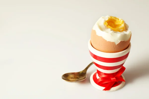 Huevo hervido en soporte sobre fondo claro — Foto de Stock