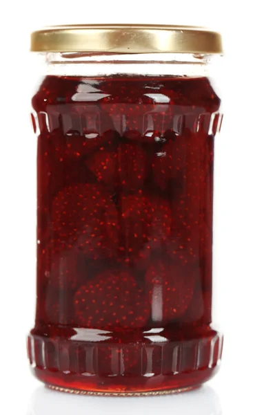 Jar of strawberry jam isolated on white — Stock Photo, Image