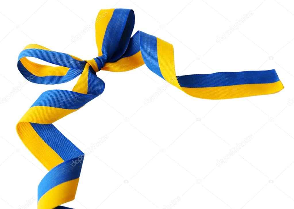 Colorful blueyellow fabric ribbon with bow isolated on white — Stock