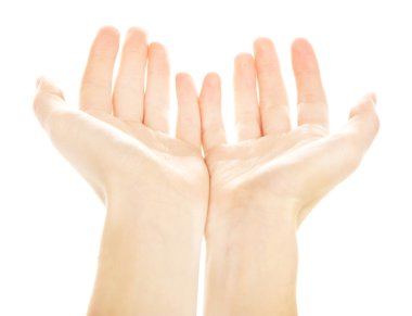 Eller, üzerinde beyaz izole dua erkek 