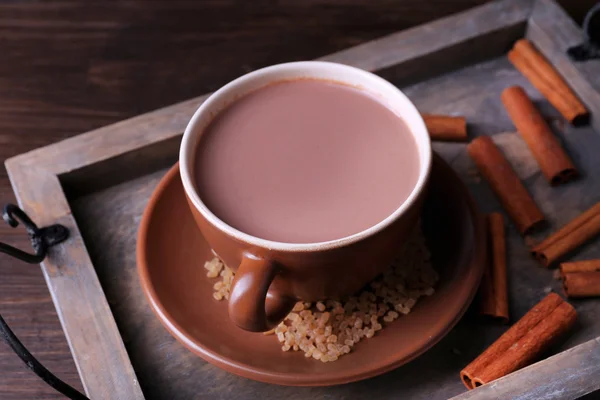 Cup of cocoa with sugar and cinnamon on wooden tray, closeup — Stock Photo, Image