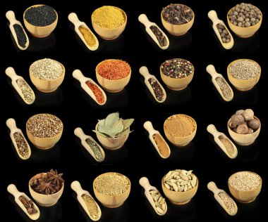 Siyah arka plan üzerine kase içinde farklı baharatlar kolaj