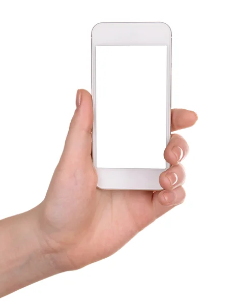 Manos sosteniendo teléfono inteligente aislado en blanco — Foto de Stock