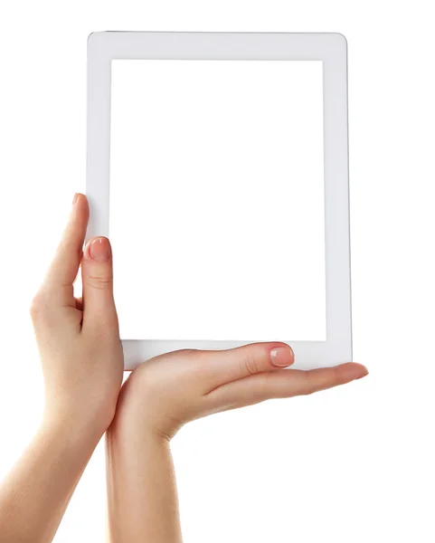 Hands holding tablet pc isolated on white — Stock Photo, Image