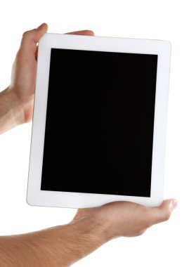 tablet pc beyaz izole tutan eller