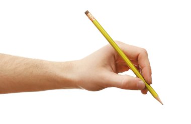 Erkek el ile üzerine beyaz izole kalem