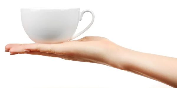 Женская рука держит чашку, изолированную на белом — стоковое фото