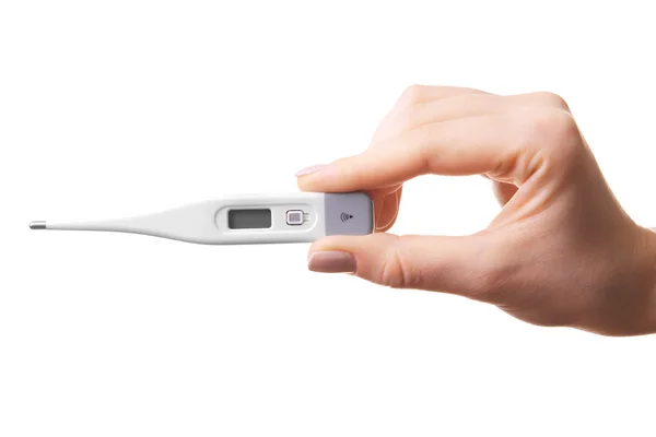 Vrouwelijke hand met thermometer geïsoleerd op wit — Stockfoto