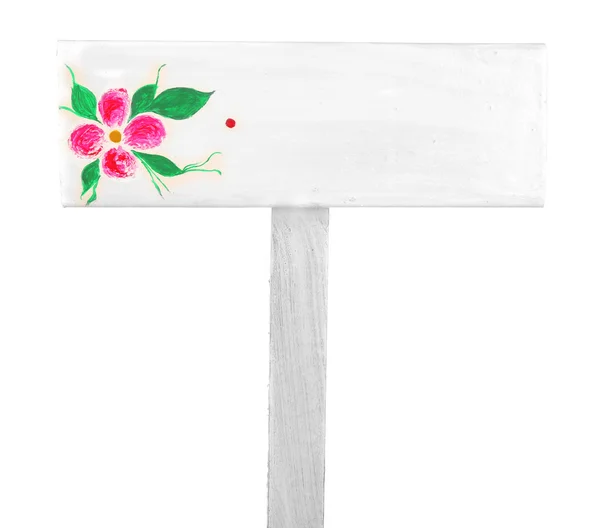 Wooden sign with flower isolated on white — Stock Photo, Image